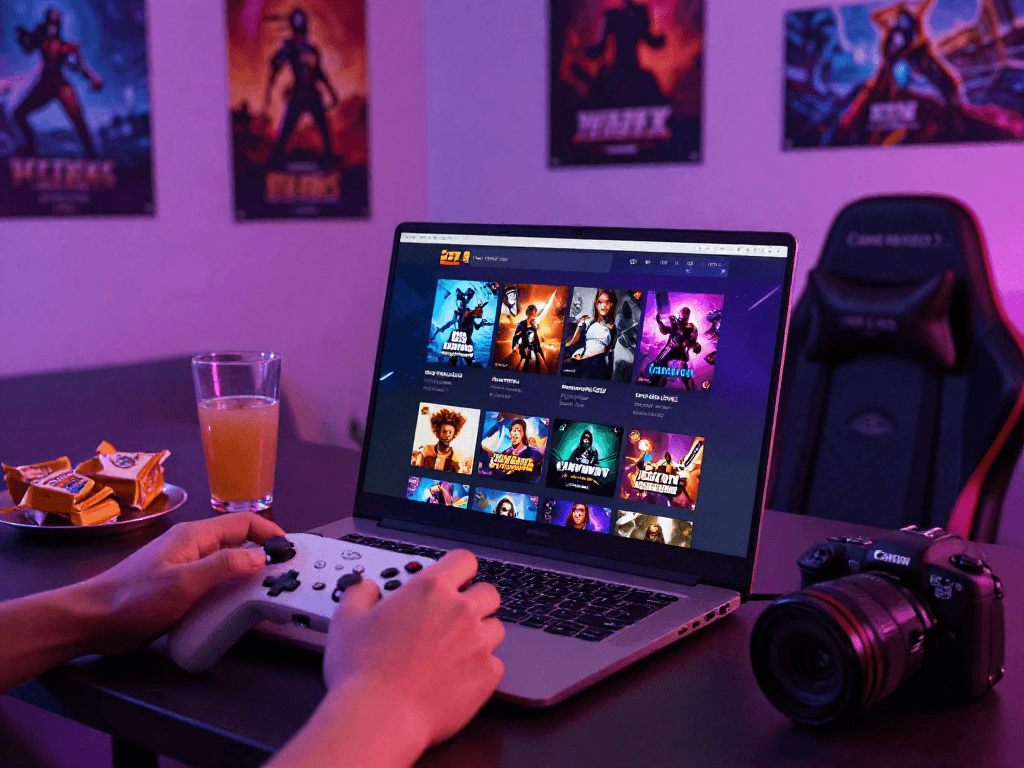 Engaging scene featuring a porn game interface on a laptop, inviting casual gaming setup.