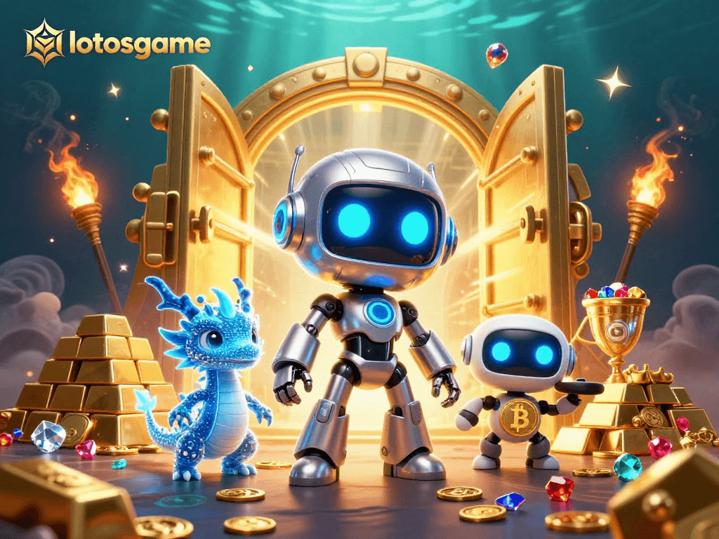 Engage with lotosgame's vibrant casino adventure featuring a cyberpunk robot and treasure elements.