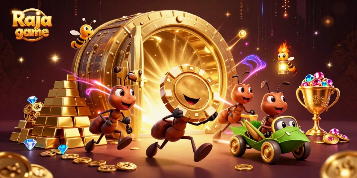 Engage with Raja game, a vibrant casino experience with playful characters and golden treasures.