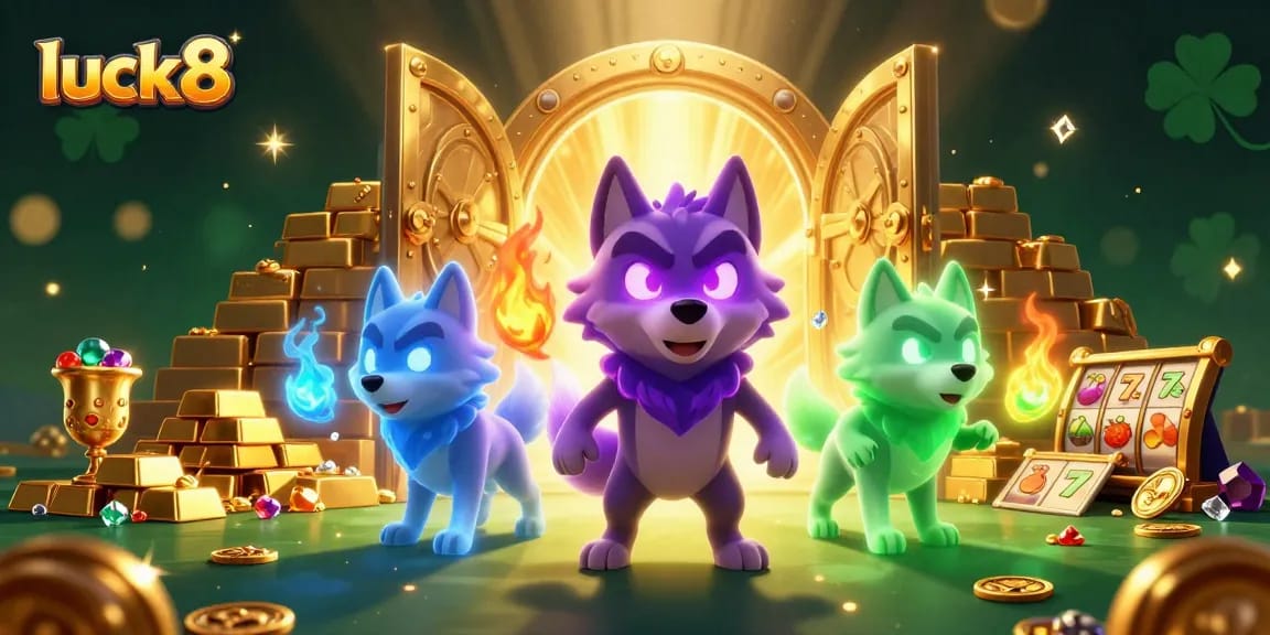 Engage in thrilling luck8 slot adventures with a vivid illustration of purple-eyed wolf leaders amidst treasure.