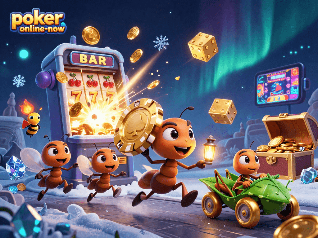 Poker-online-now showcases a cartoony heist with ants, chips, fireworks, and vibrant casino elements.