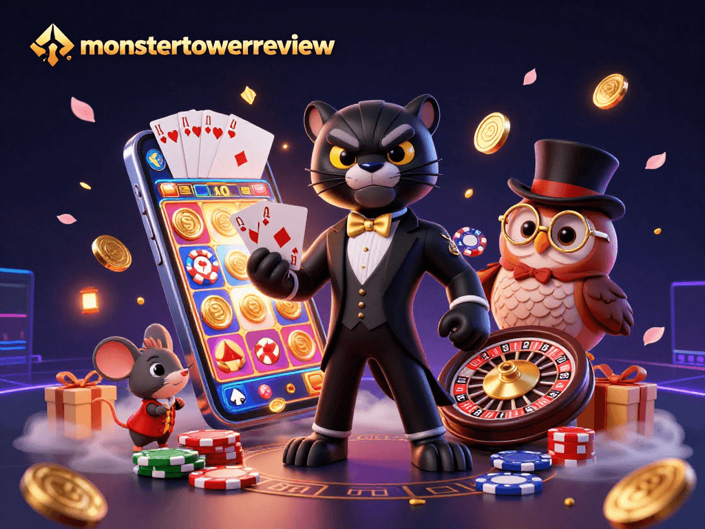 Experience thrilling gameplay with monstertowerreview, featuring a tuxedo-clad black panther and a poker chip owl in a dynamic casino scene with golden coins and vibrant atmosphere.