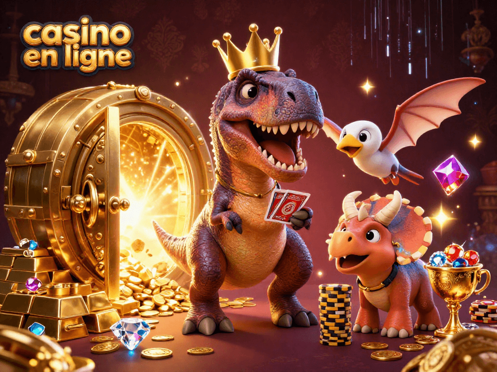 Un casino en ligne illustré par un T-Rex en couronne jouant aux cartes avec un pterodactyle, entouré de trésors brillants.