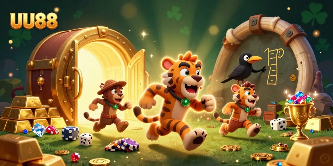 Experience thrilling wins at UU88 with a vibrant prehistoric casino adventure featuring bold characters and sparkling treasures.