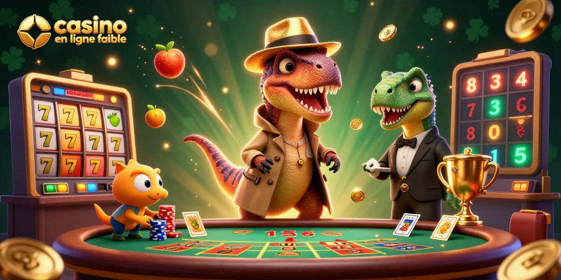 Jouez au casino en ligne fiable avec des tablettes de jeux, pièces d'or, et un velociraptor en train de compter des cartes.