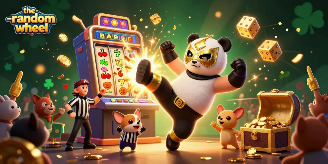 Experience excitement with the-random-wheel; a 3D gambling scene with panda wrestler and jackpot celebrations.