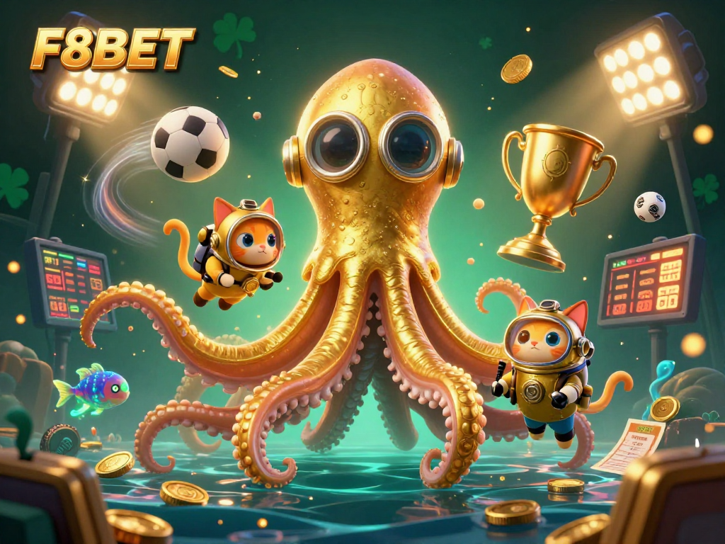 Engage with F8BET, featuring dynamic gaming action with a majestic kraken and vibrant deep-sea elements.