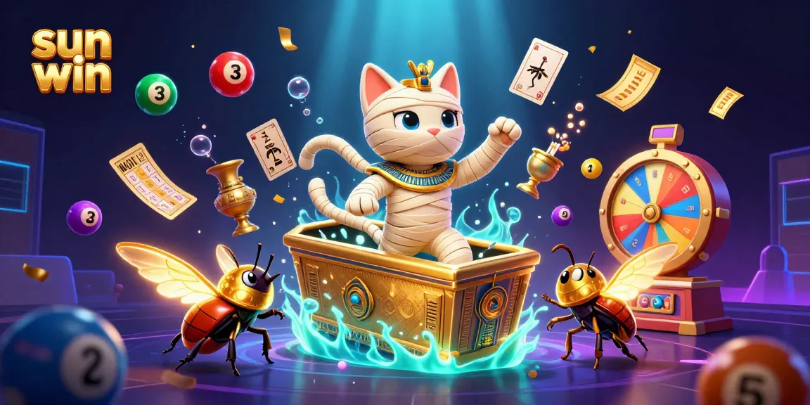 Experience thrilling wins with sun win in a vibrant casino scene featuring a mummy cat and games.