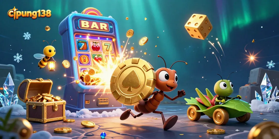 Cipung138's vibrant heist scene with cartoon ants, a golden poker chip, and a bursting slot machine