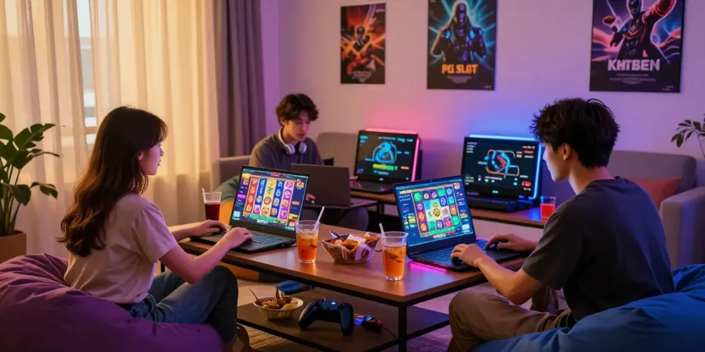 Engaged players enjoying PG SLOT in a vibrant gaming atmosphere at home.
