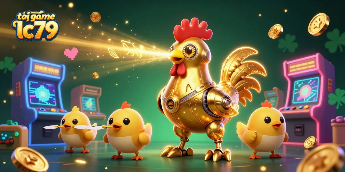 Trải nghiệm tải game lc79 với những hình ảnh sống động từ robot gà vàng và máy game 3D