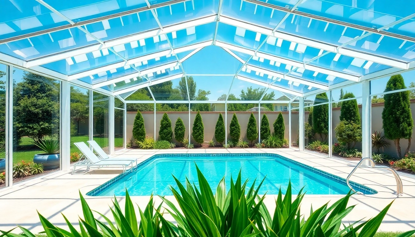 Pool Enclosure showcasing a sleek design surrounded by a lush garden landscape.