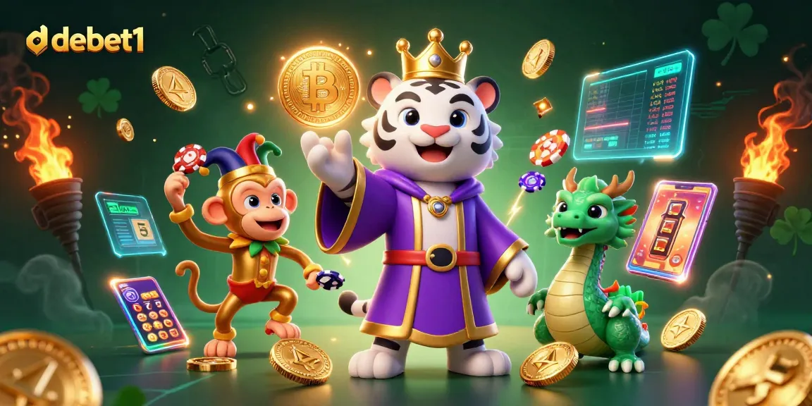 Engage with debet1's exciting casino experience featuring a royal tiger and vibrant gameplay elements.
