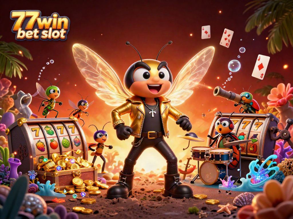 Experience the excitement of 77win bet slot with dynamic characters, slot game symbols, and rich casino elements.