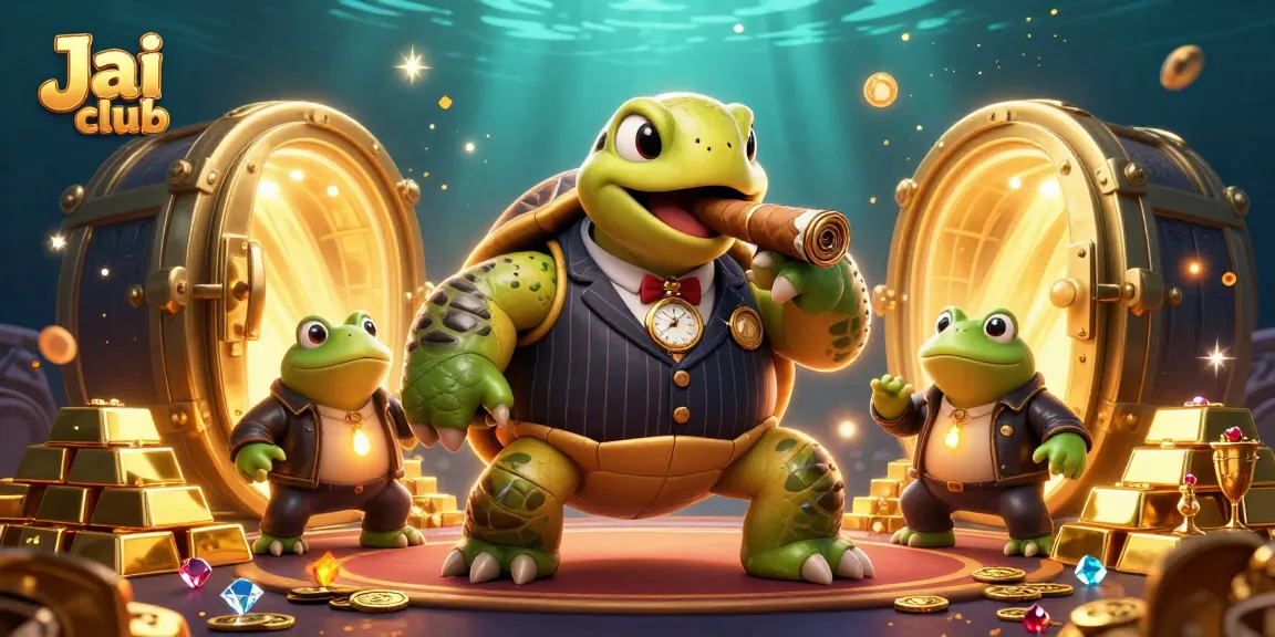 Engage in thrilling games at Jai club with a vibrant 3D illustration showcasing a snapping turtle mobster and bullfrog enforcers.