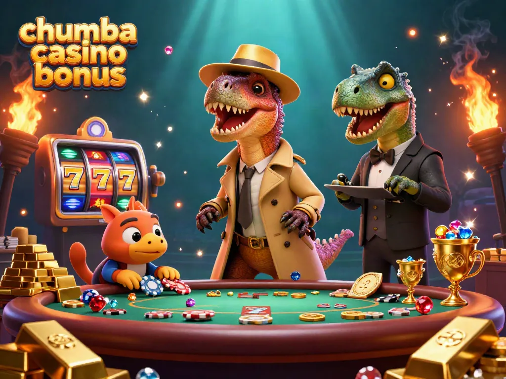Chumba casino bonus highlights a velociraptor card counter at a blackjack table surrounded by slot reels and jewels.