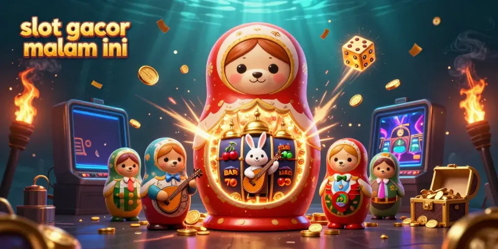 Gambar slot gacor malam ini dengan karakter kasino dalam warna cerah dan elemen slot yang menarik.