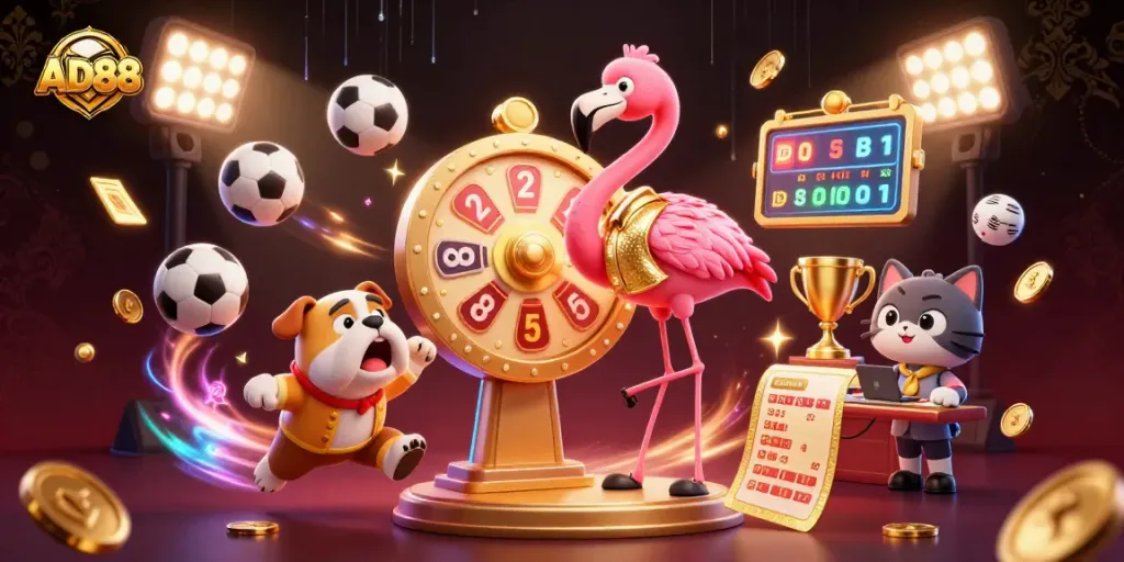 Engage with AD88's vibrant casino experience featuring energetic characters and dynamic betting elements.