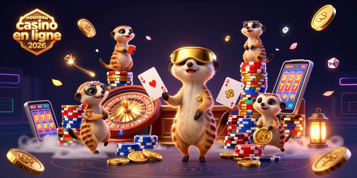 Découvrez le nouveau casino en ligne 2026 avec une illustration dynamique de suricates gérant un casino animé.