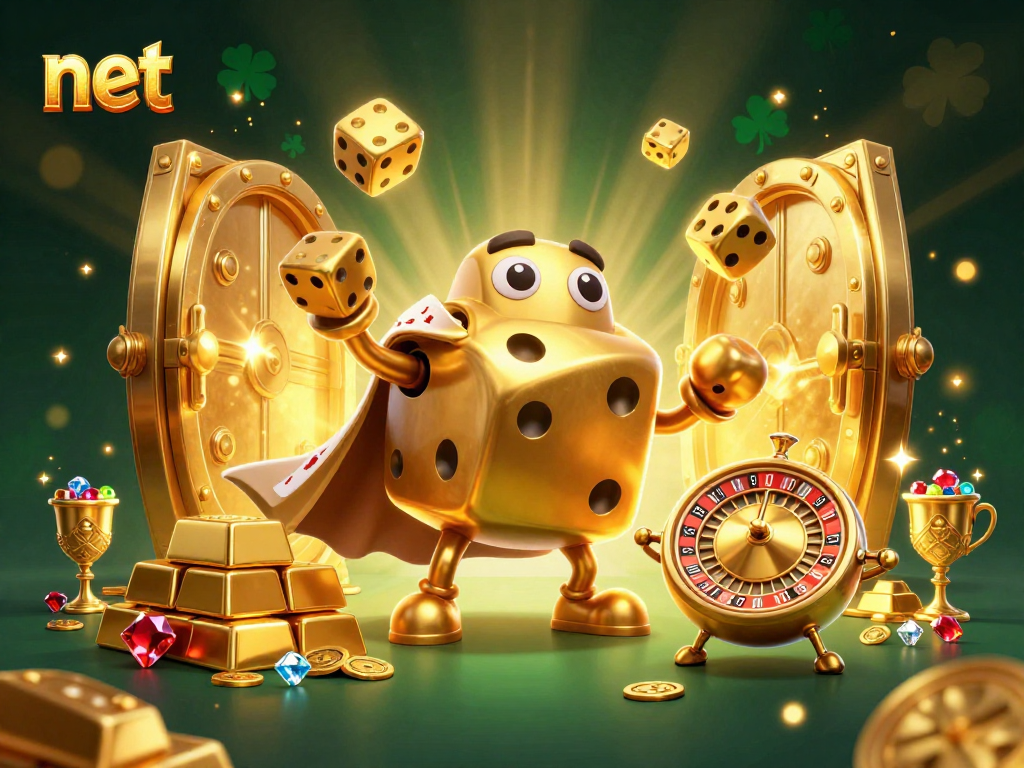 Experience net's vibrant casino magic with dynamic golden dice golem and treasures in a captivating 3D scene.