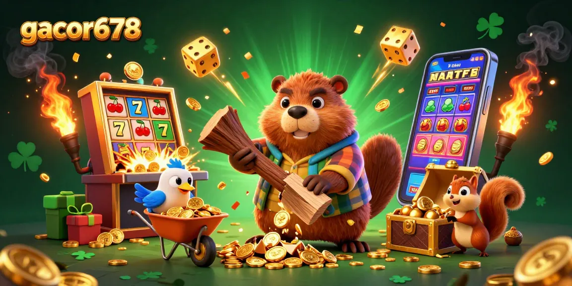 Experience the excitement of gacor678 with a dynamic casino scene featuring a beaver, bird, and squirrel surrounded by riches.