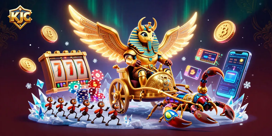 KJC invites players to engage with a vivid casino experience featuring golden beetles and crypto coins.