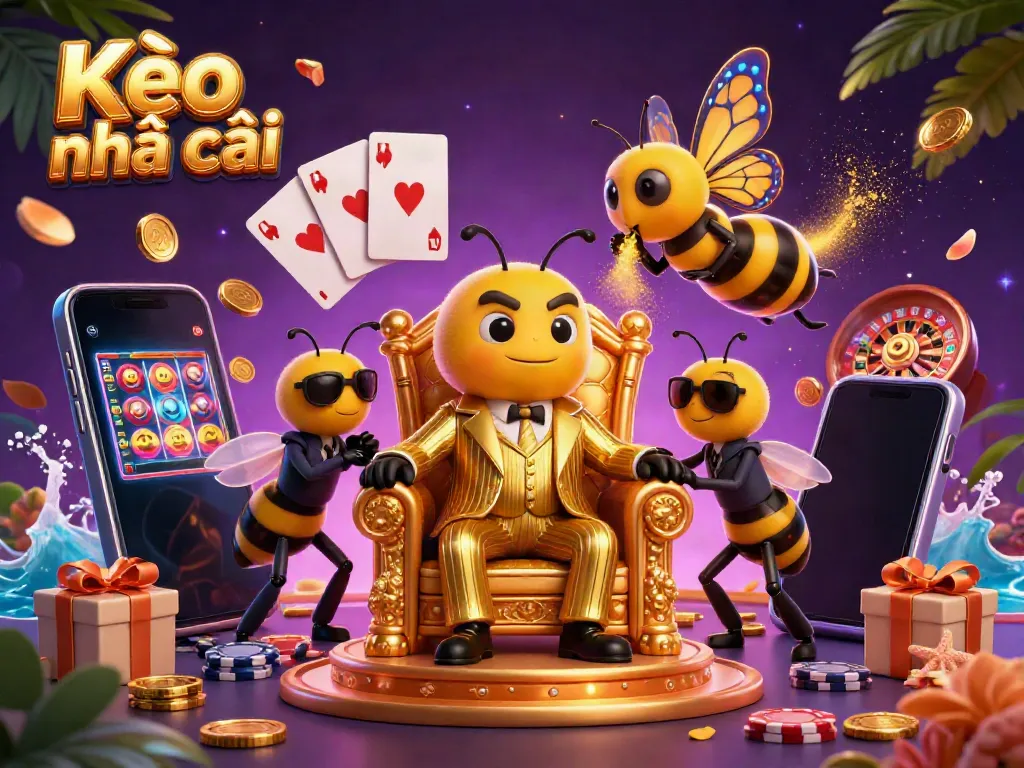 Engage with Kèo nhà cái through gambling excitement in a vibrant 3D scene featuring a bumblebee mob boss, slot games, and rewards.