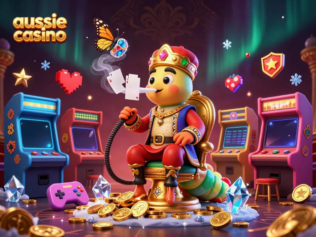 Aussie casino scene depicting a whimsical caterpillar master in a sultan outfit surrounded by vibrant gaming elements