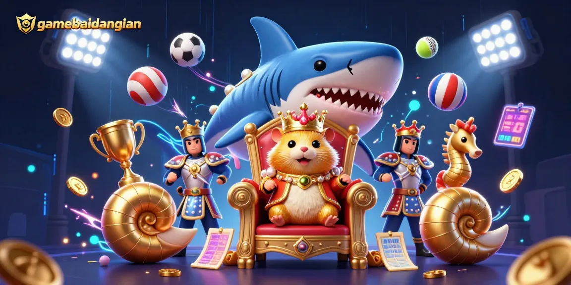Engage with gamebaidangian through this vibrant scene of a miniature golden hamster king with sports elements.