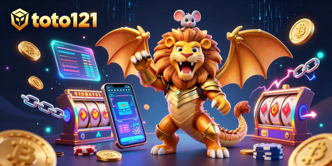 Experience thrilling gameplay with toto121, featuring vibrant 3D casino illustration showcasing crypto elements.