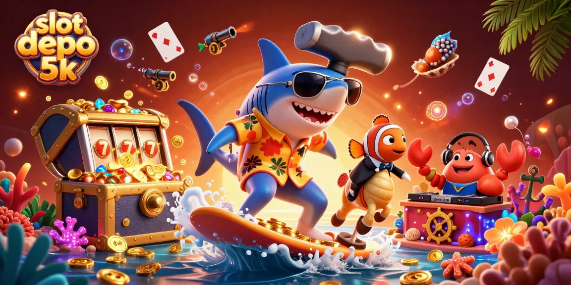 Win big with slot depo 5k, a vibrant 3D scene of a shark and friends celebrating with gold coins and slot reels.