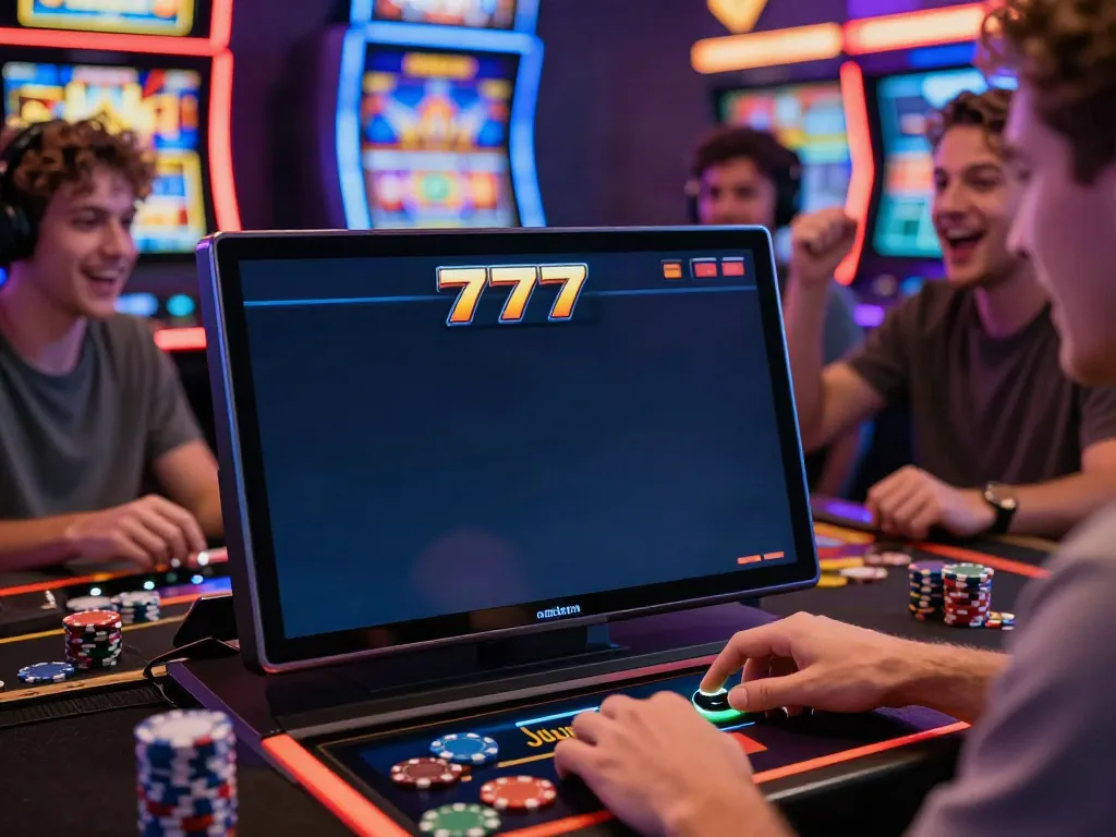 Exciting online gaming scene with slot777 displayed, players enjoying the thrill of colorful slot machines.