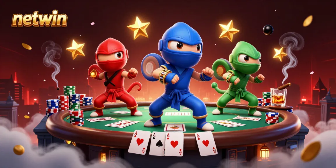 Engage in poker action with the netwin ninja chameleons showcasing excellence amidst chips and cards.