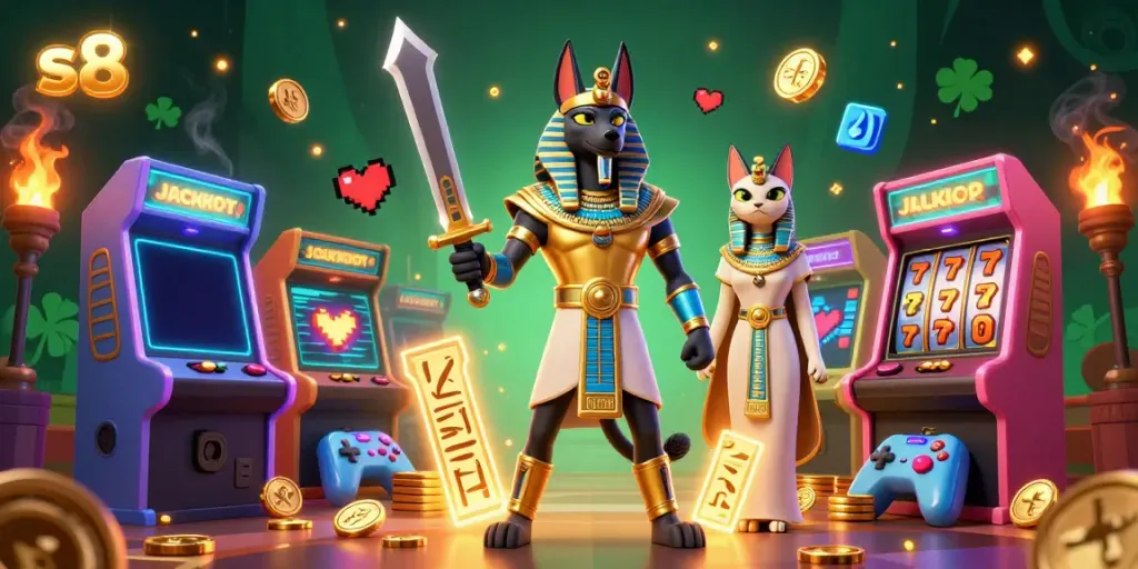 S8's vibrant 3D casino scene with Anubis and Bastet amidst slot machines and golden elements, offering exciting gambling adventures.