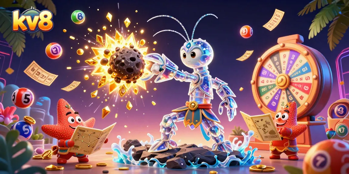 Experience the thrill of kv8 with a dynamic illustration of a galactic samurai mantis shrimp amidst vibrant casino elements.