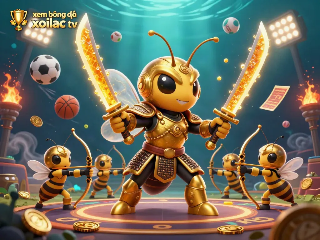 Xem bóng đá xoilac tv with a giant golden hornet in samurai armor amidst dynamic sports elements and vibrant effects.