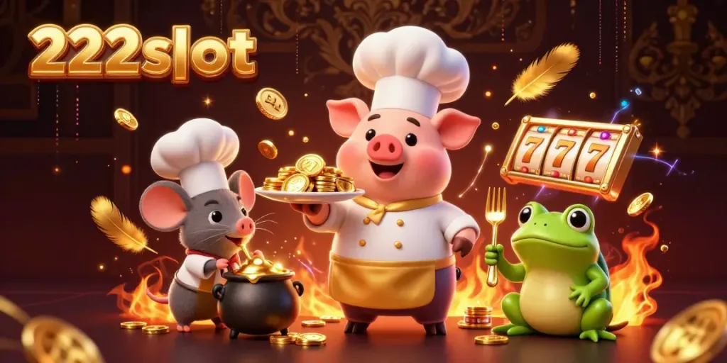 Goreng koin emas di 222slot, chef babi menyajikan emas, mouse mencicipi dari pot.