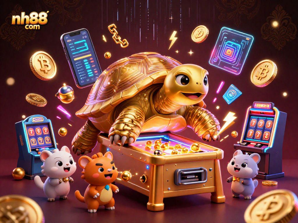 Engage with exciting games on nh88 com, featuring vibrant 3D casino action with a golden tortoise and slot machines.