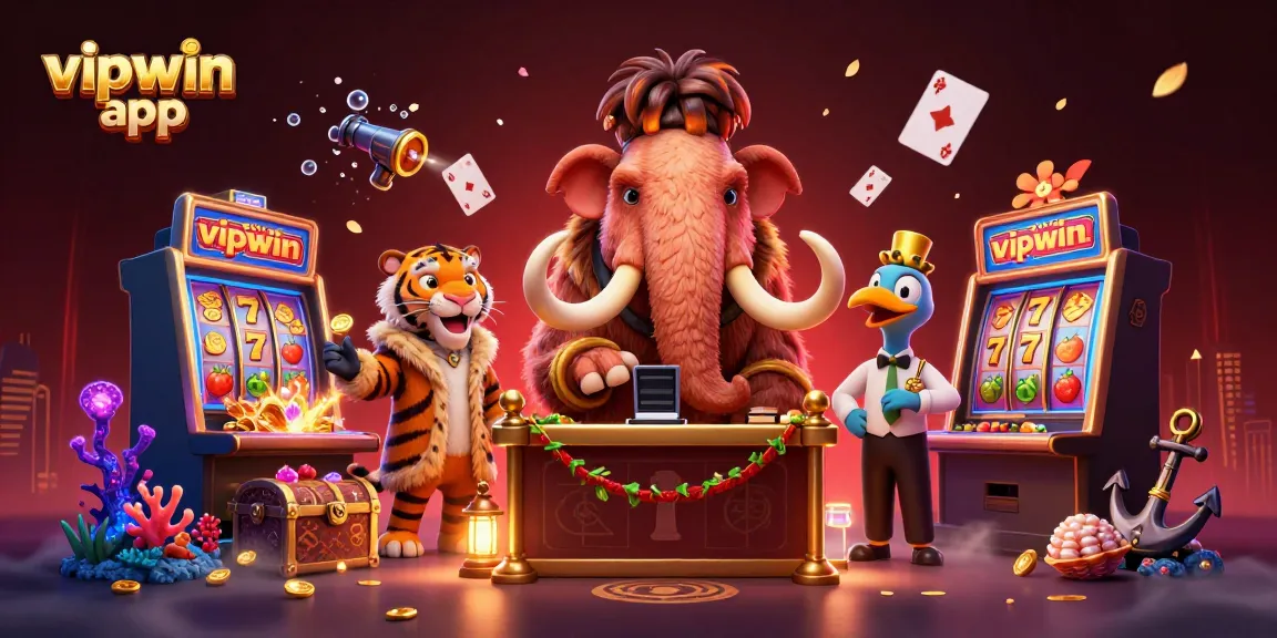 Engage with the vipwin app, featuring a stunning 3D casino scene with dynamic characters and game elements.