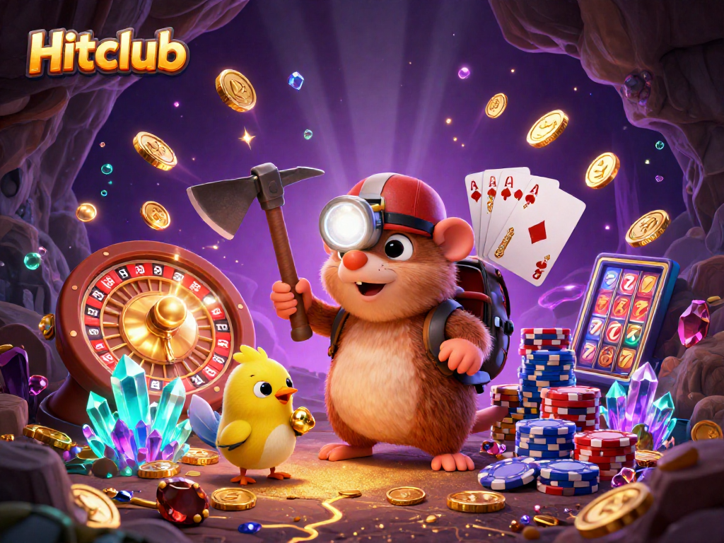 Play games and win at Hitclub in a vibrant casino illustration bursting with excitement!