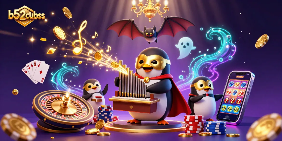 Experience the thrill of b52clubss with a charming cartoon illustration of a penguin playing the organ amidst dazzling casino elements.