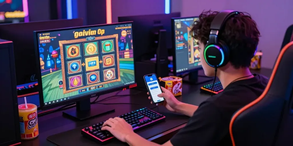 Player engaged with slot gacor games on vibrant gaming setup, showcasing excitement and modern gaming.