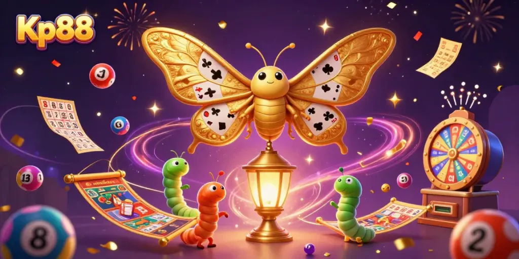 Kp88 showcases immersive casino themes in an engaging 3D illustration filled with gaming elements.