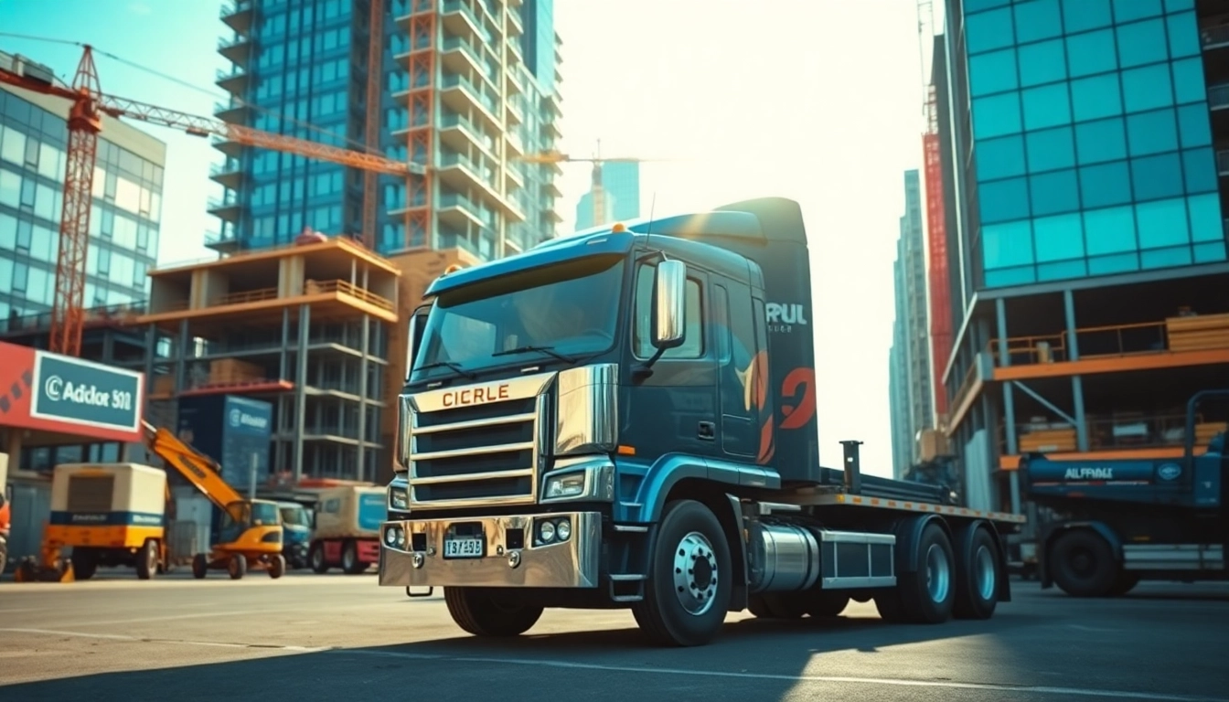 Efficient hauling service utilizing a large truck in an urban construction scene.