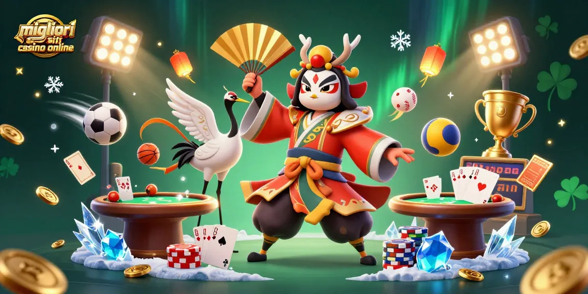 I migliori siti casino online offrono emozioni con poker e elementi sportivi in un'illustrazione vivace.
