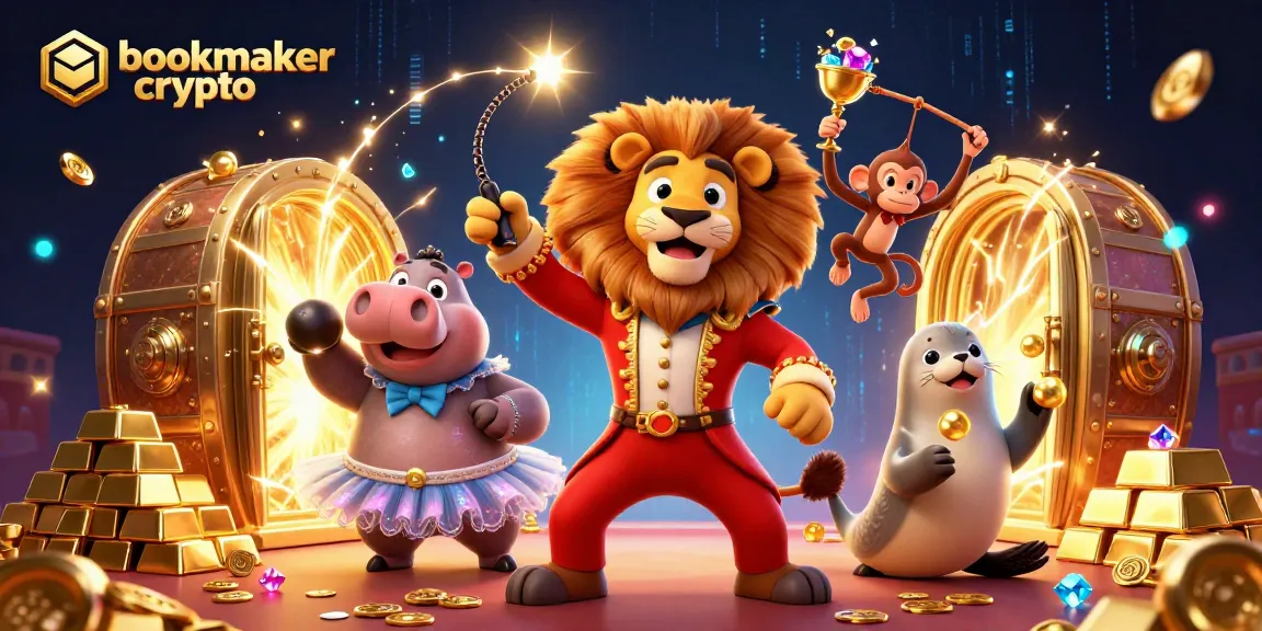 Pariez sur bookmaker crypto avec des personnages de cirque dans une scène festive remplie de trésors.