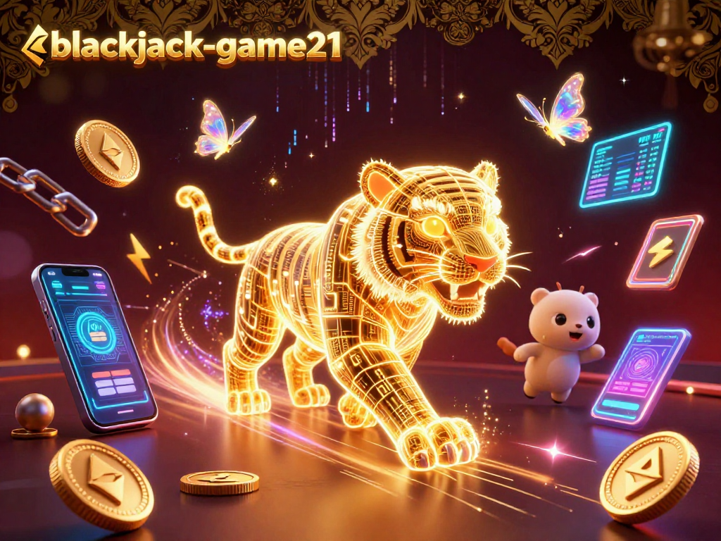 Experience the thrill of blackjack-game21 with a glowing golden tiger in a neon casino landscape.