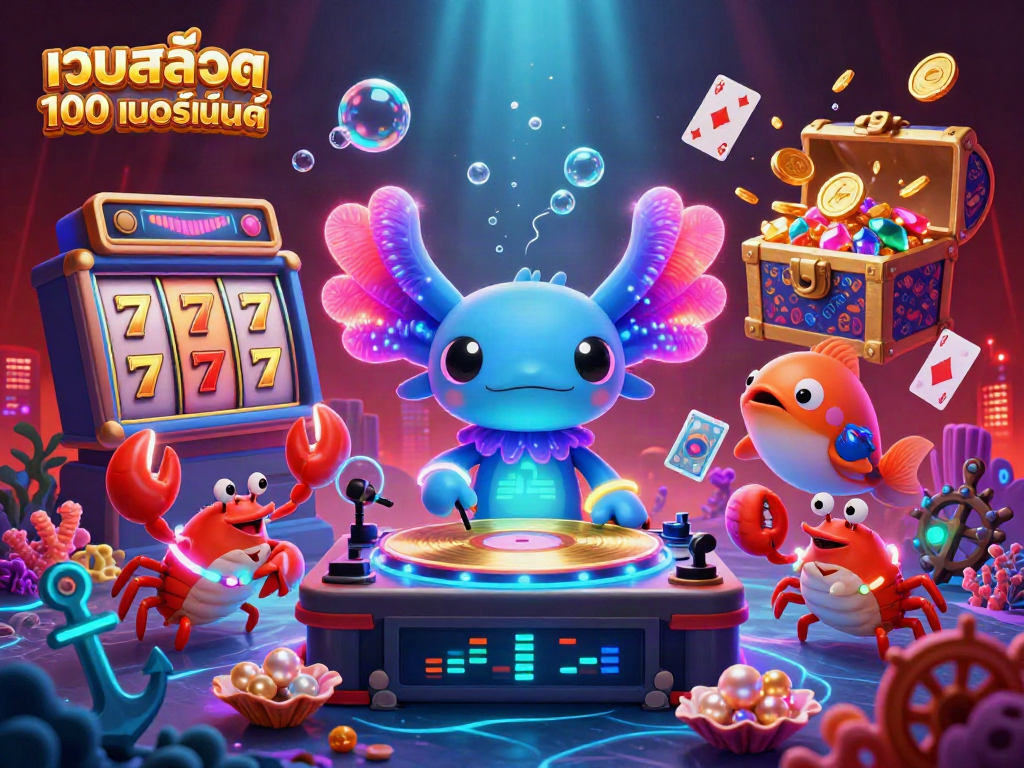 Engage with เว็บสล็อต แท้ 100 เปอร์เซ็นต์ featuring a vibrant axolotl DJ spinning wins at an underwater casino scene.