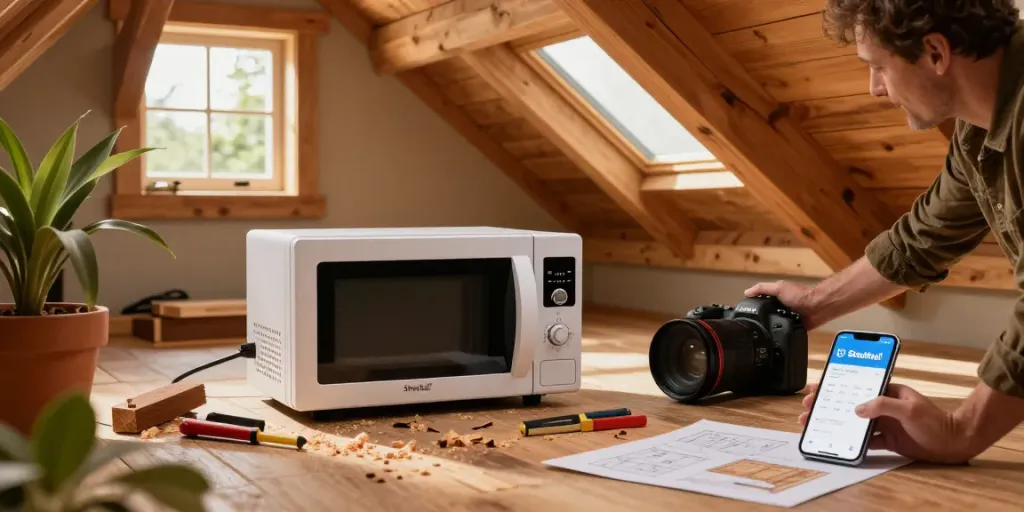 Shashel® microwave woodworm treatment in action, homeowner inspecting wooden beams