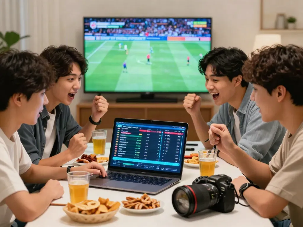 토토하라를 즐기는 친구들이 모여 경기 통계 분석하며 베팅하는 모습의 생동감 넘치는 현장.